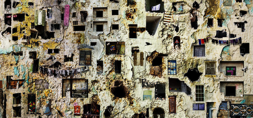 artistic image of broken building facade