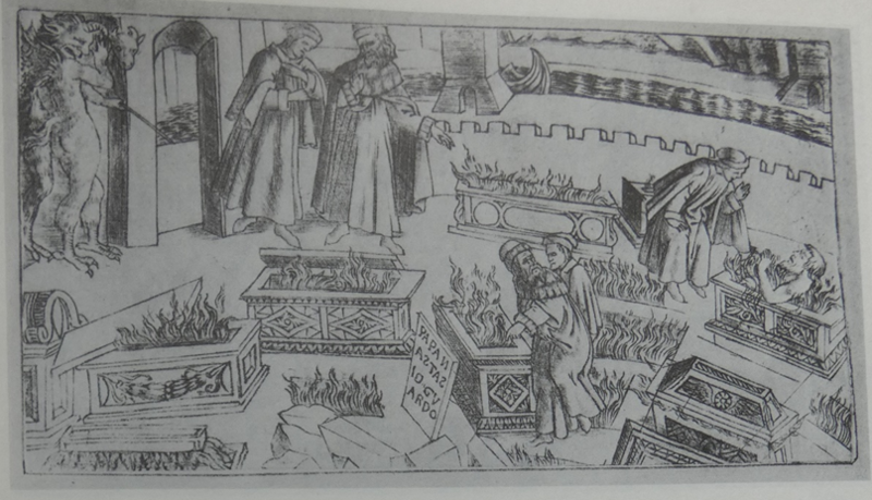 Baldini inferno x Drawig of virgil and dante in the city of dis - doorways on the floor burning