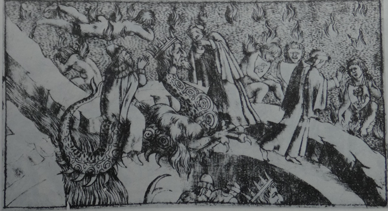 Baldini inferno xvii engraving of the desert of burning sands, descent on the back of Geryon