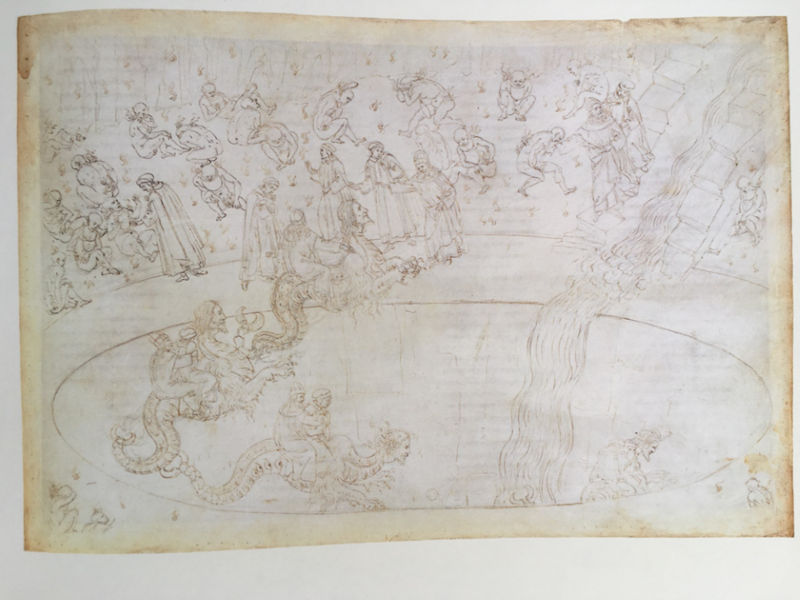 Botticelli inferno xvii Drawing of descent on the back of Geryon into a pool