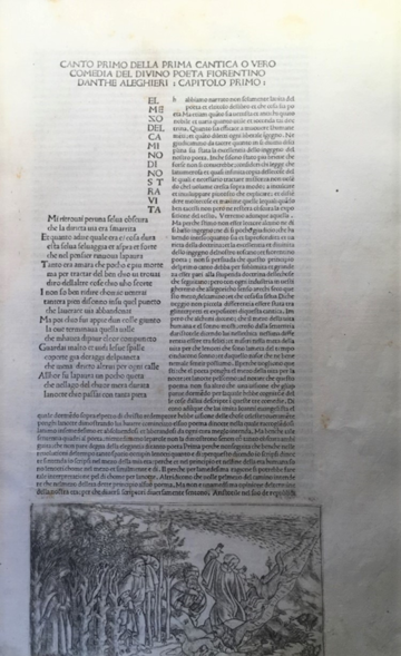 Commento di christophoro landino first 21 lines of Dante's inferno with etching decoration around the main body of work
