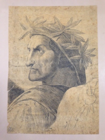Drawing of Dante with plant headdress. 