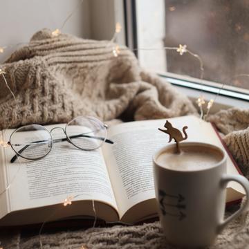 Reading list section coffee mug, book and glasses agaisnt brown blanket with star twinkle lights